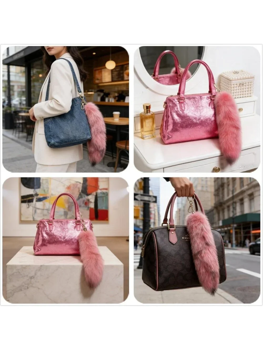 Women's Pink Fluffy Fox Tail Cosplay Keychain Birthday Party Costume Handbag